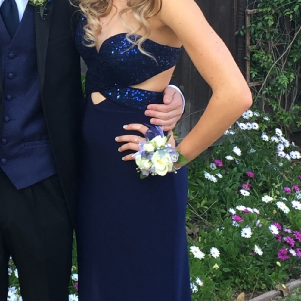 Navy Blue Strapless Sparkly Prom Dress, Open Back, Floor Length